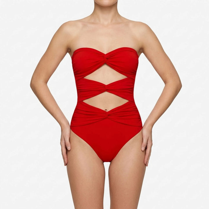 Women's beach set: modern cutout swimsuit design & a versatile long skirt cover-up.
