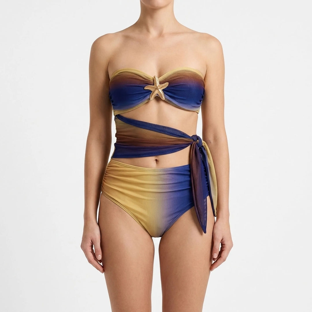 Stylish women's beach set: cutout bandeau swimsuit & flowy long skirt cover-up.