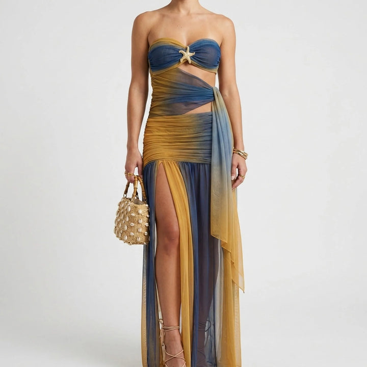 Women's vacation swimwear set: cutout bandeau bikini and a beautiful long skirt.