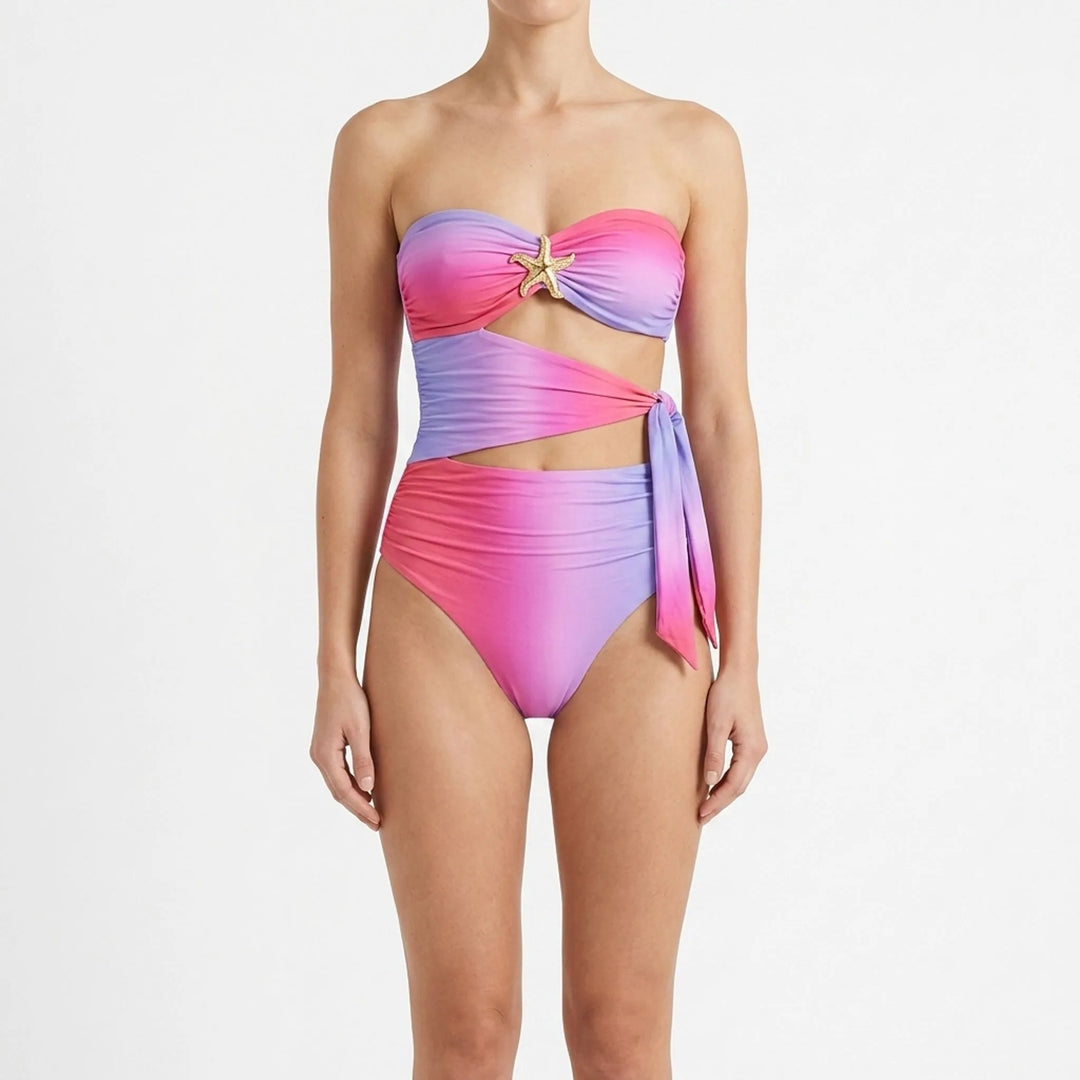 Complete women's swimwear: cutout swimsuit & versatile long skirt cover-up, ideal for vacation.