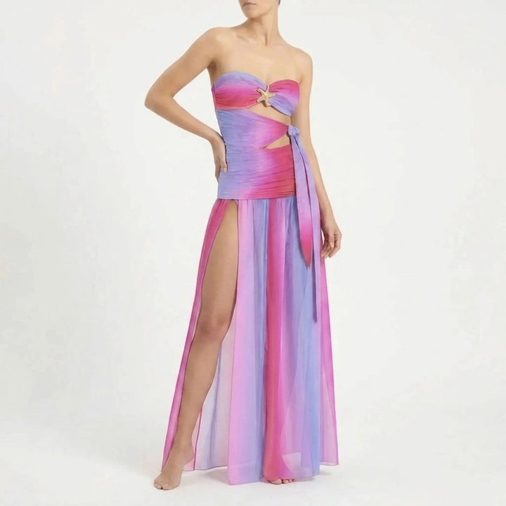 Vacation-ready women's cutout swimsuit and coordinated long skirt cover-up set.