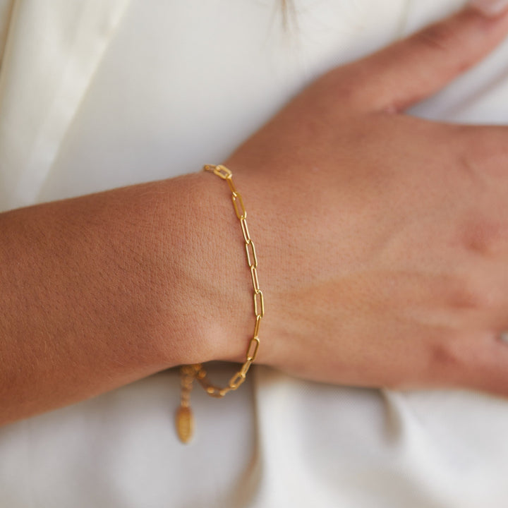 Dainty women's paperclip link chain bracelet, Nova collection. Stackable minimalist jewelry for elegant everyday style.