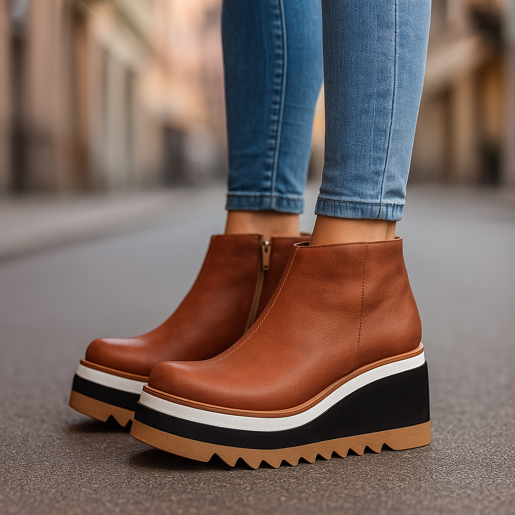 Women's dark brown platform boots with orthopedic comfort, side zipper, and shock-absorbing sole for daily wear.