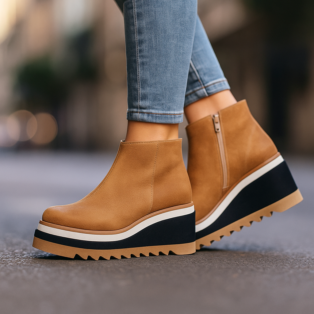 Brown walnut women's platform boots featuring orthopedic support, shock absorption, and durable traction sole.
