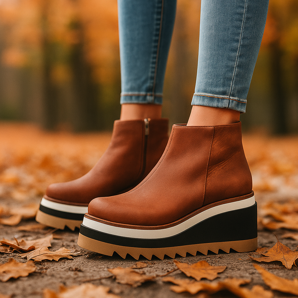 Fashionable women's platform boots in dark brown with side zipper, orthopedic cushioning & shock-absorbing traction sole.