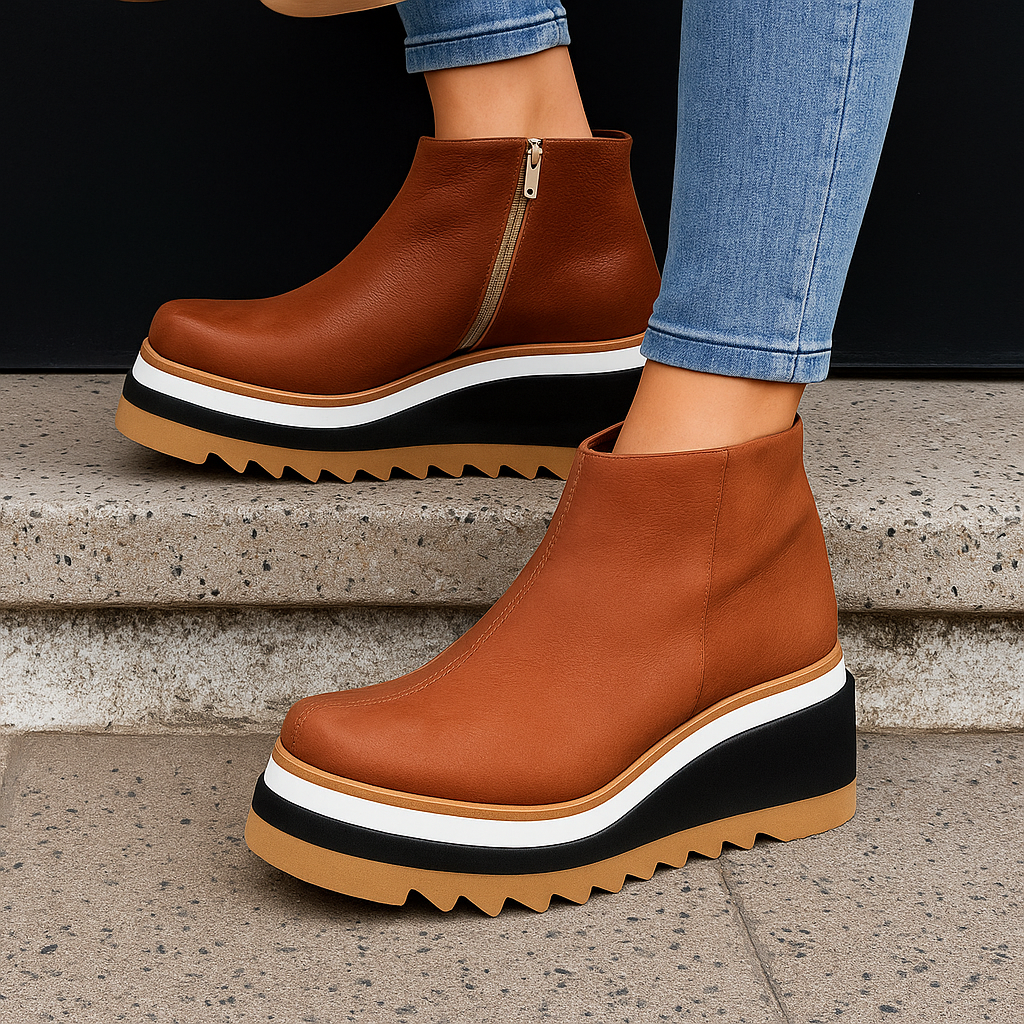 Comfortable women's orthopedic platform boots, dark brown, with shock-absorbing sole and easy-on side zipper.
