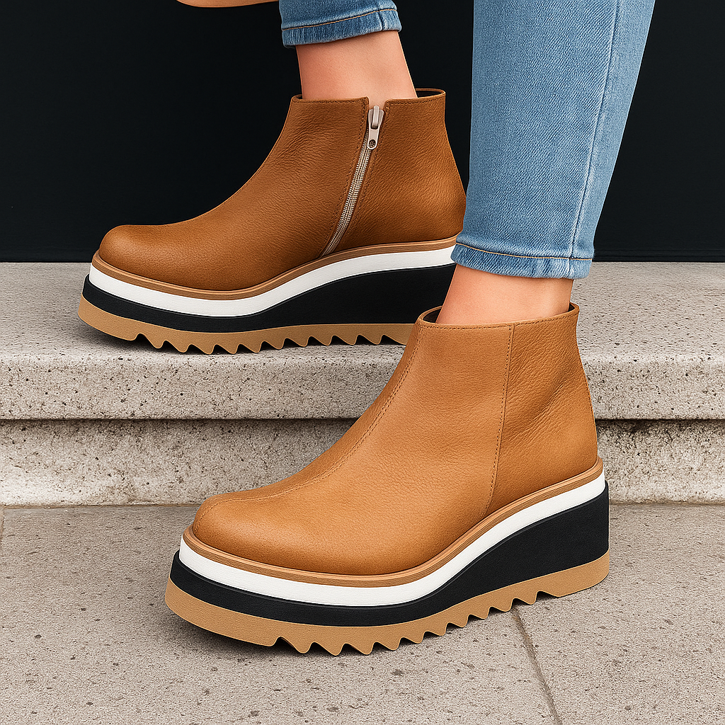 Casual brown platform boots for women, orthopedic comfort, shock-absorbing traction sole & convenient side zipper.