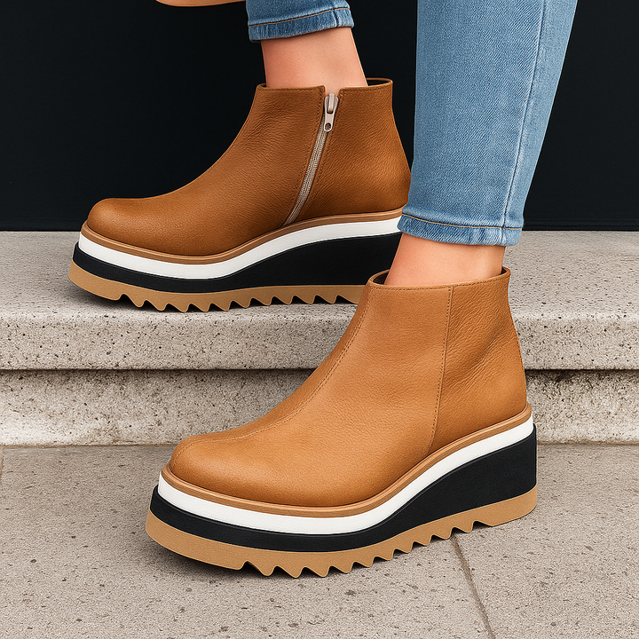 Casual brown platform boots for women, orthopedic comfort, shock-absorbing traction sole & convenient side zipper.