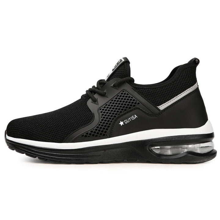 Women's dark gray steel-toe safety sneakers for work with slip-resistant sole, offering orthopedic arch support.