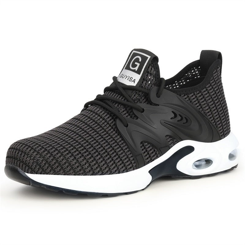 Women's protective black & gray work sneakers: steel toe, slip-resistant, comfortable, with orthopedic support.