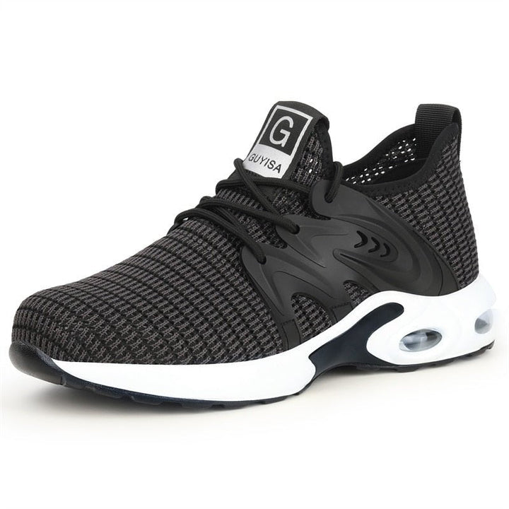 Women's protective black & gray work sneakers: steel toe, slip-resistant, comfortable, with orthopedic support.