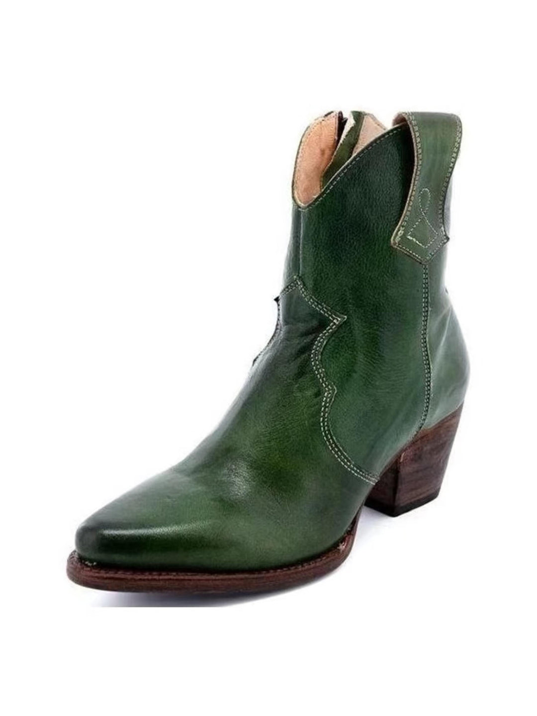 Women's dark green snip toe ankle cowgirl boots with side zip & block heel. Stylish western fashion footwear.