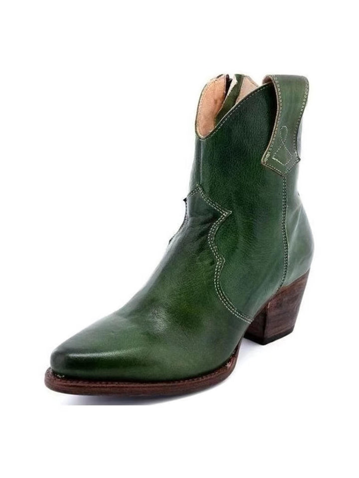 Women's dark green snip toe ankle cowgirl boots with side zip & block heel. Stylish western fashion footwear.
