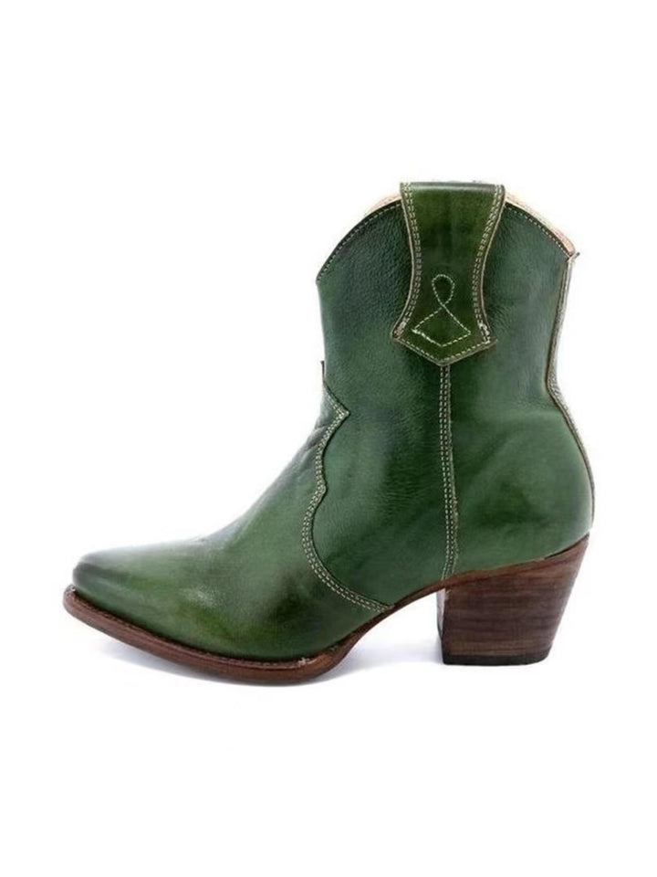 Stylish women's dark green snip toe western ankle boots. Side zip cowgirl short boots with block heel.