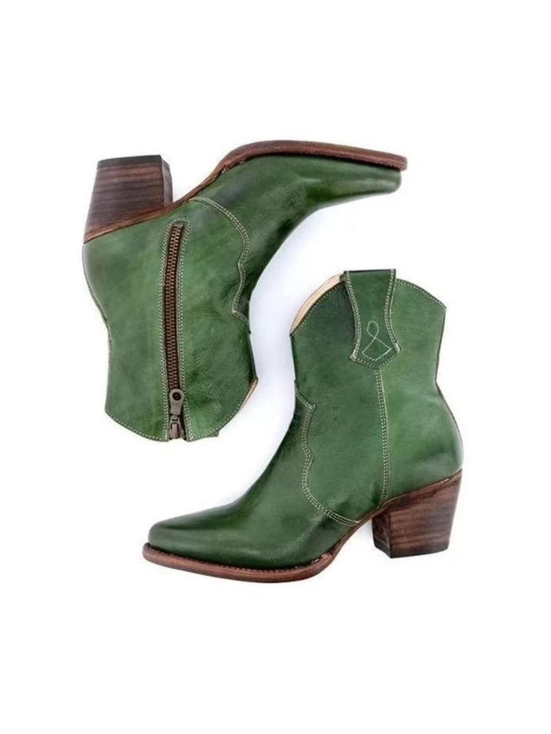 Dark green women's snip toe ankle cowgirl boots. Practical side zip, comfortable block heel for cowboy style.