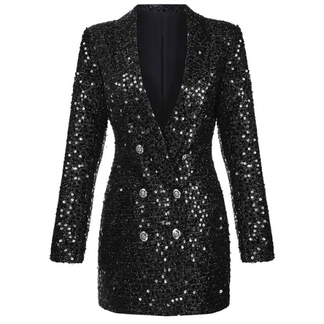 Sparkling black sequin jumpsuit for women, tailored blazer style, double-breasted closure, ideal for formal parties.