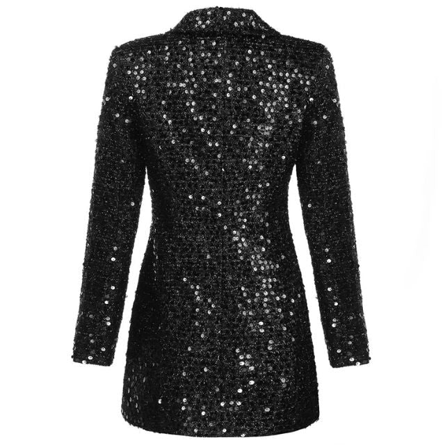 Fashionable women's long sleeve sequin blazer jumpsuit, sophisticated black design, perfect for glamorous events.