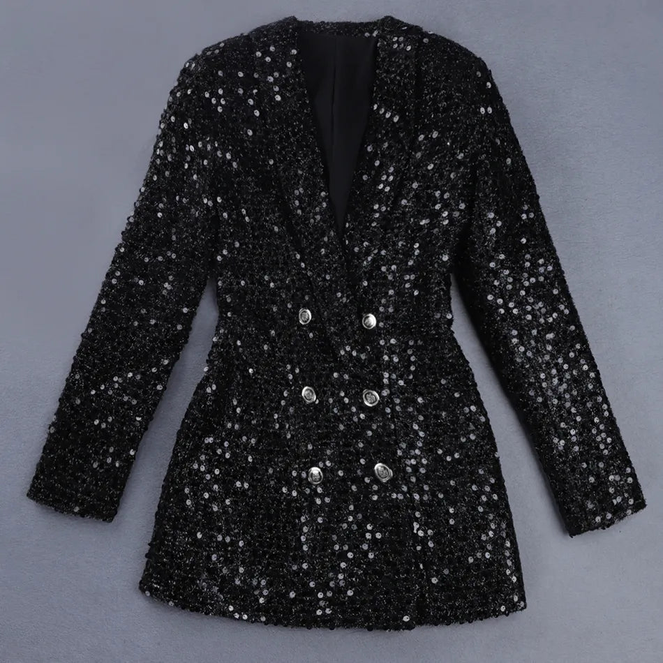 Versatile women's black sequin jumpsuit, blazer-style top with double-breasted buttons, chic for any special event.