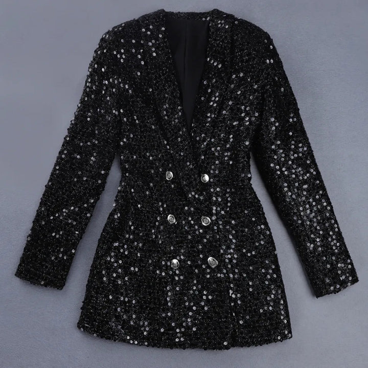 Versatile women's black sequin jumpsuit, blazer-style top with double-breasted buttons, chic for any special event.