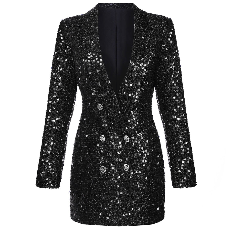 Women's dazzling glitter blazer jacket, perfect for evening wear or a party. Sparkly fashion statement piece.