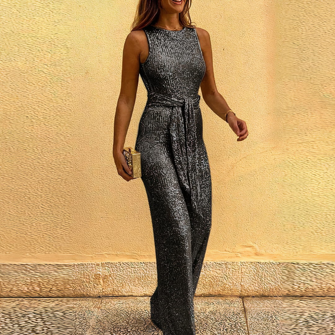 Women's dazzling glitter jumpsuit, perfect for special occasions, party wear, and glamorous evening events.