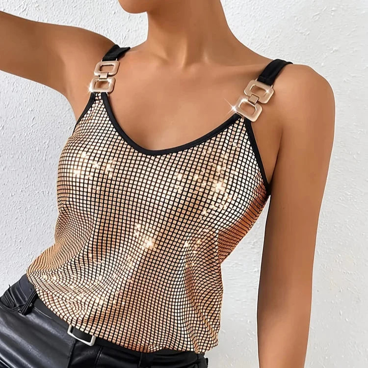 Women's dazzling gold sequined tank top, perfect for parties & evening wear, sleeveless sparkle.