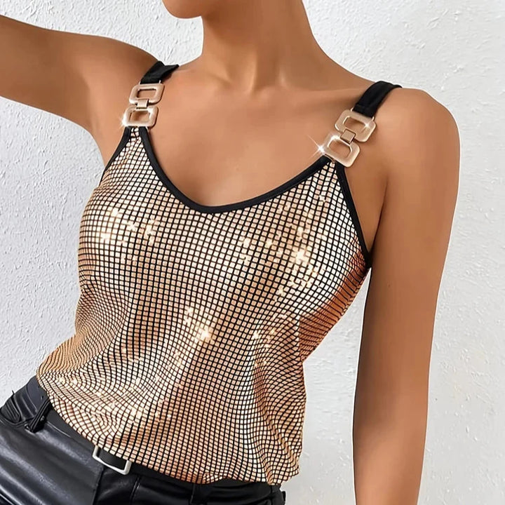Women's dazzling gold sequined tank top, perfect for parties & evening wear, sleeveless sparkle.