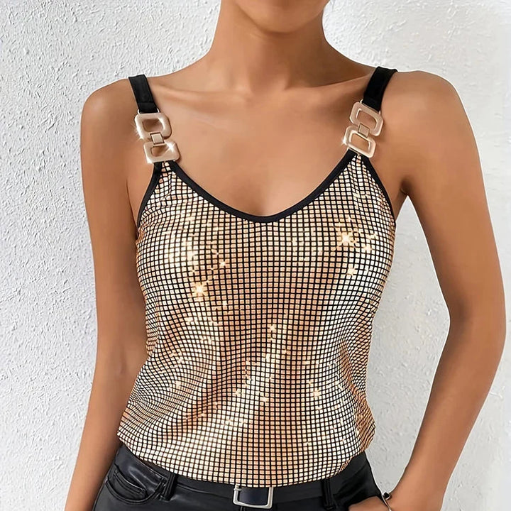 Glamorous sequined tank top for women, perfect for dazzling party outfits & evening fashion.
