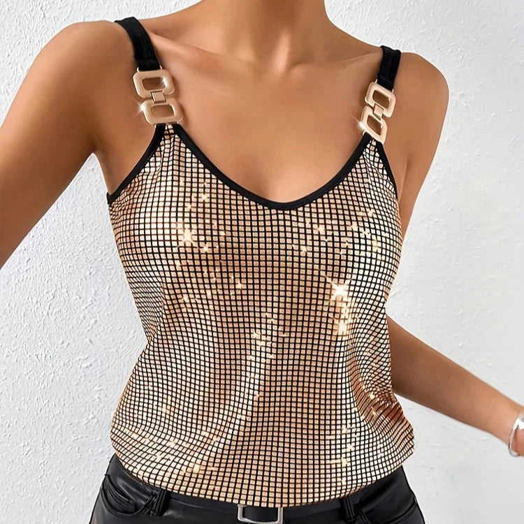 Women's sleeveless sequined tank top, gold sparkle, dazzling evening wear & party fashion.