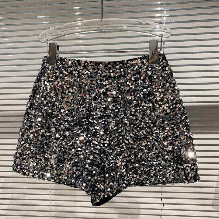 Women's dazzling high waist sparkle shorts, perfect for a glamorous party or night out. Trendy bling fashion.