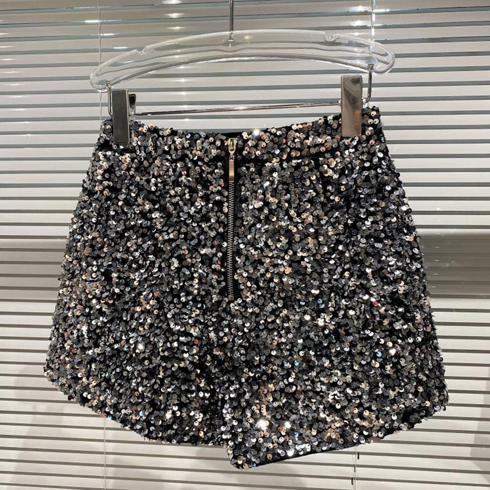 Glamorous women's silver & black sparkle bling shorts, high waist style for summer parties & night outs.