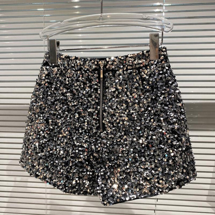 Glamorous women's silver & black sparkle bling shorts, high waist style for summer parties & night outs.