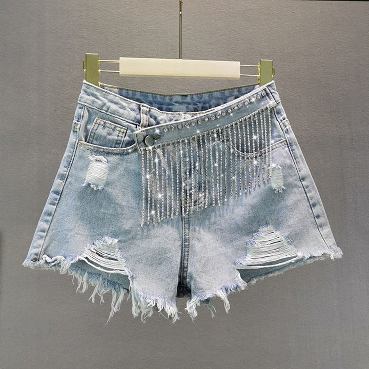 Women's dazzling light blue high-waist shorts. Sparkling diamond accents, perfect for summer parties & trendy fashion.