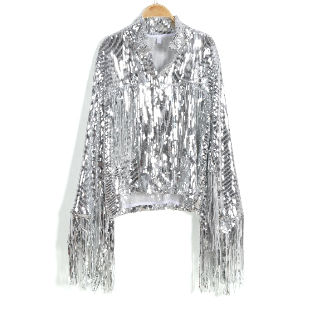 Women's dazzling retro reflective sequin jacket. Perfect unique fashion outerwear for party & festival wear.