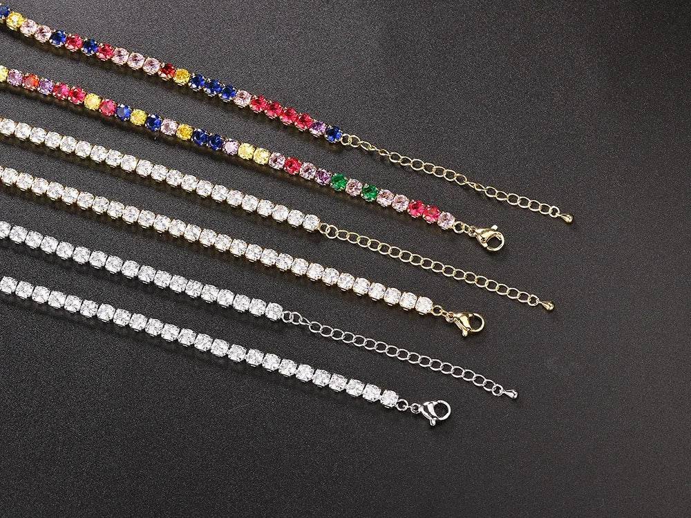 Close-up of a women's dazzling rhinestone tennis necklace showing intricate crystal detail and sparkle.