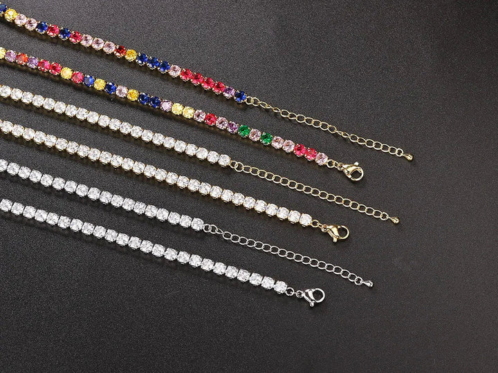 Close-up of a women's dazzling rhinestone tennis necklace showing intricate crystal detail and sparkle.