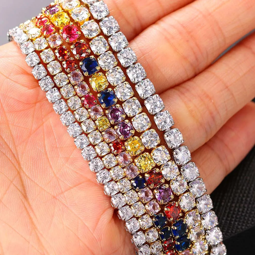 Woman wearing an elegant rhinestone tennis necklace, showcasing its dazzling sparkle and classic beauty.