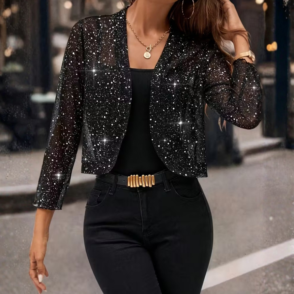 Chic women's sequin cardigan jacket, sparkling statement piece for festive party outfits & evening layering.