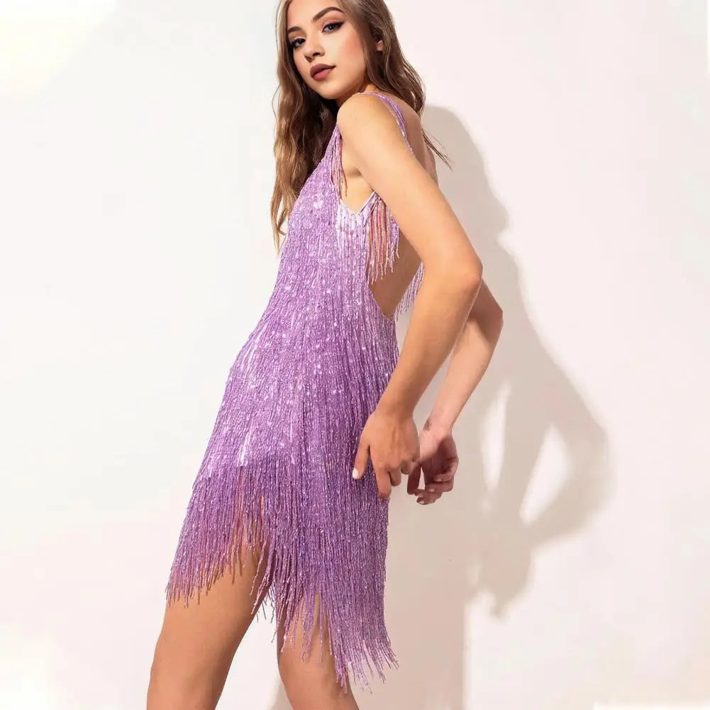 Glamorous women's sequin & fringe party mini dress, ideal for cocktail & evening wear.