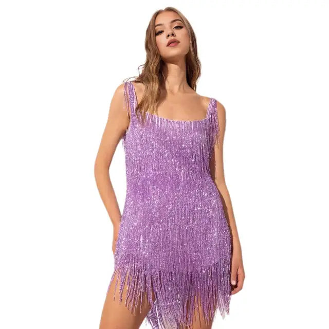 Sparkly women's dazzling sequin fringe mini dress for trendy special occasion parties.