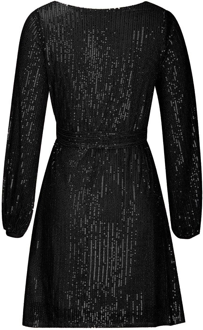 Celebration-ready women's sequin mini dress, dazzling short party wear with long sparkling sleeves.