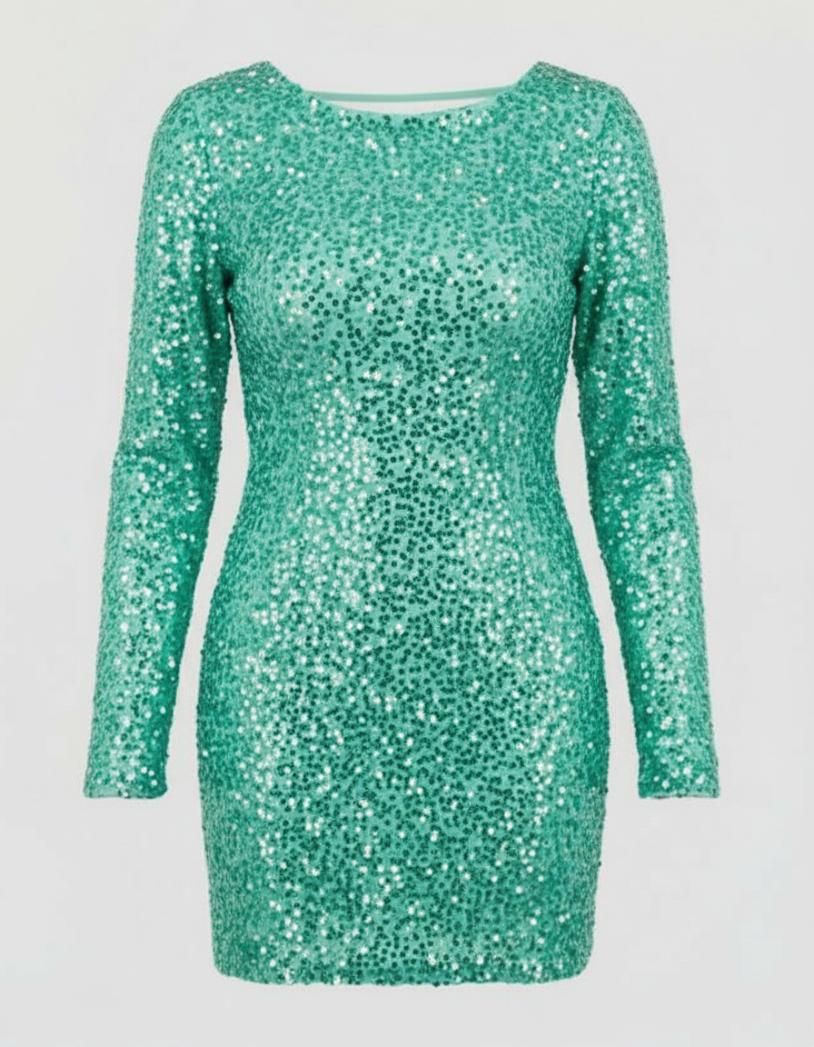 Sparkling women's party dress: long sleeve, sequined mini, chic open back. Dazzle at any special occasion.