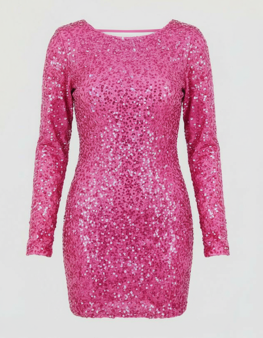 Elegant women's open-back sequin mini dress. Long sleeves & dazzling design for evening wear & glamorous events.