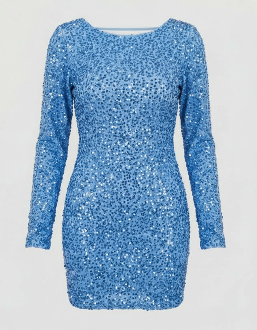 Shimmering women's long sleeve sequin dress. Mini length, open back, glamorous for cocktails & special nights.