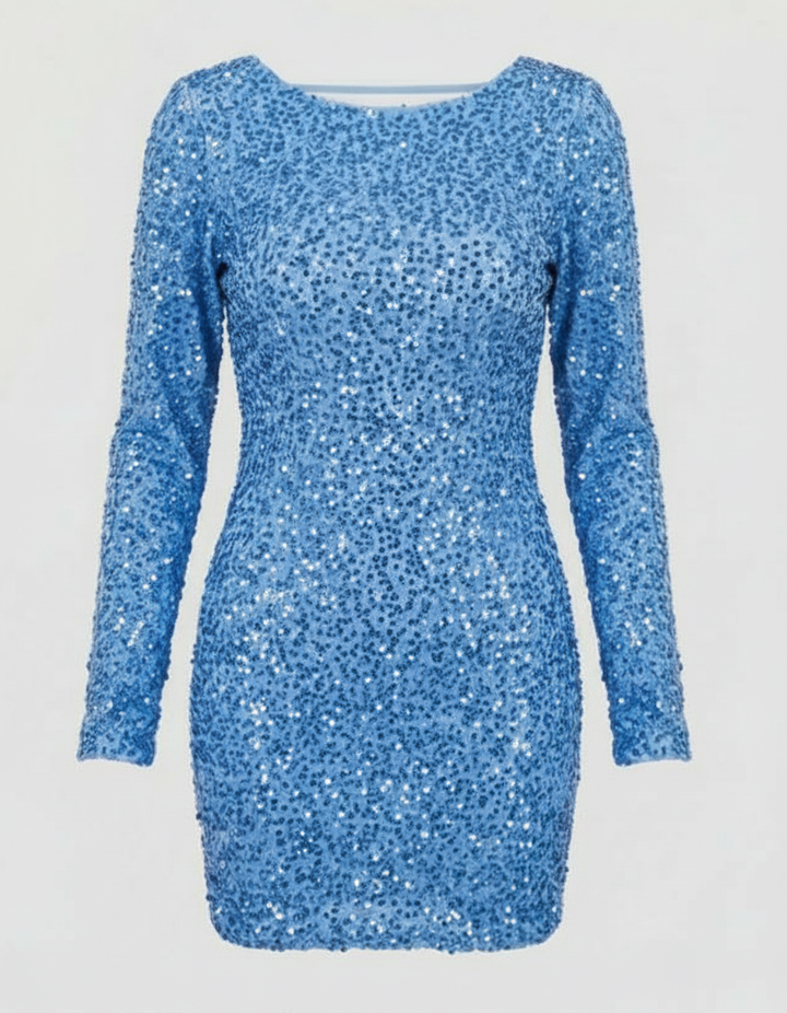 Shimmering women's long sleeve sequin dress. Mini length, open back, glamorous for cocktails & special nights.
