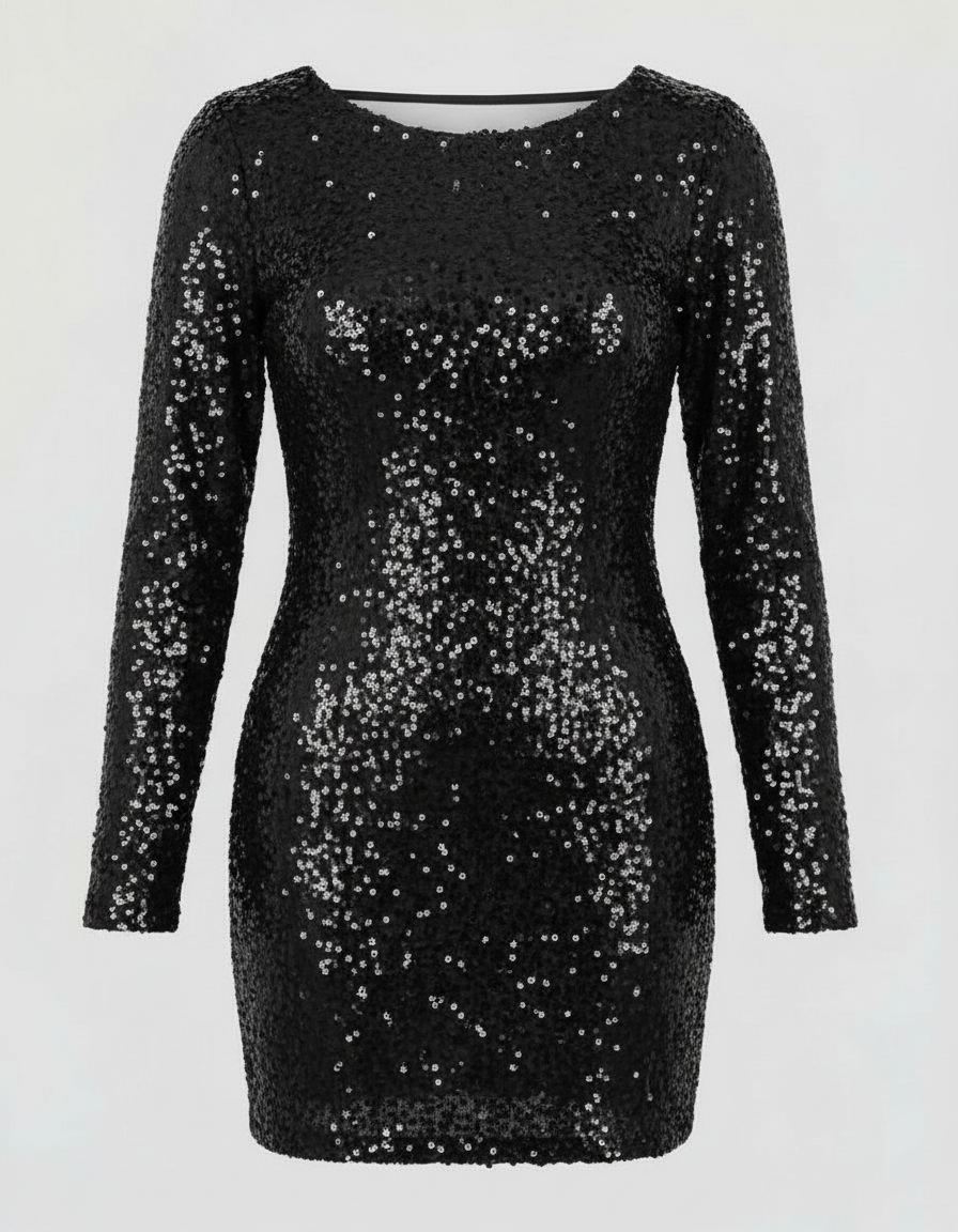 Dazzling women's mini sequin dress with an alluring open back. Long sleeves for a chic evening or party look.