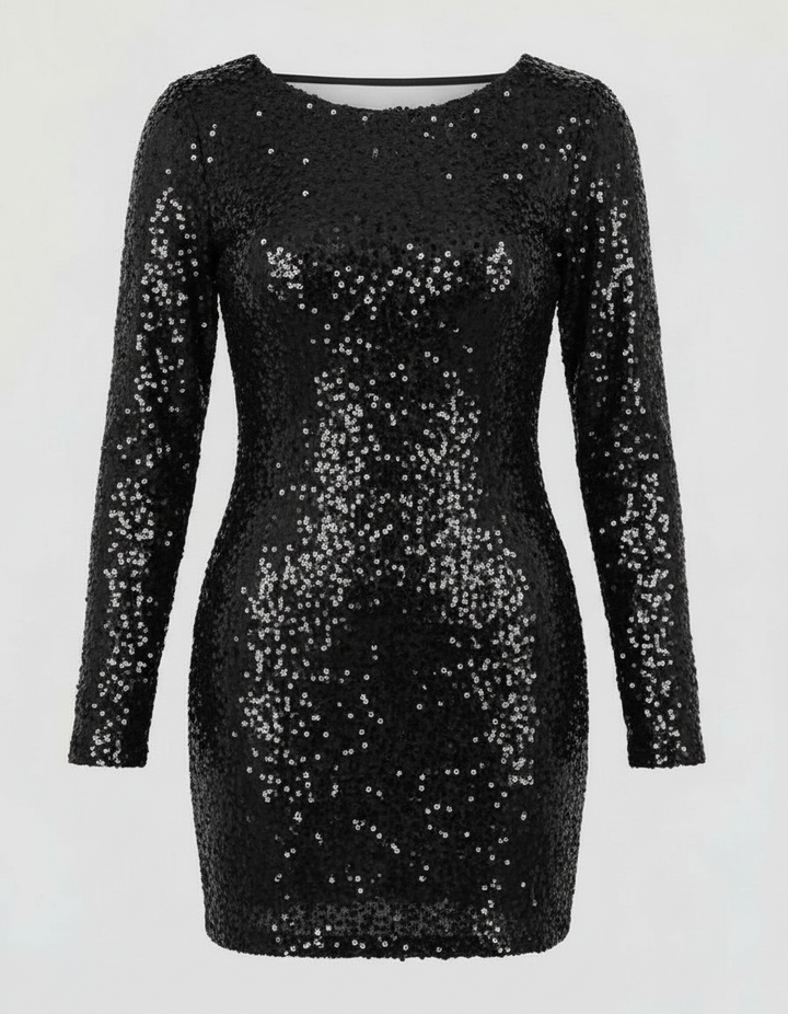 Dazzling women's mini sequin dress with an alluring open back. Long sleeves for a chic evening or party look.
