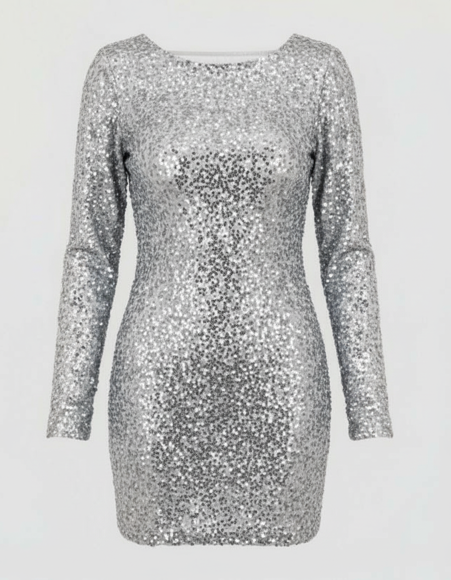 Stylish women's open-back mini dress, fully sequined with long sleeves. Perfect for glamorous evening & party wear.
