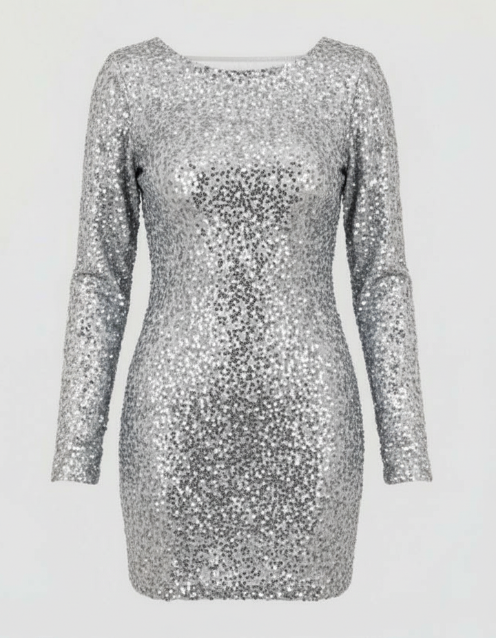 Stylish women's open-back mini dress, fully sequined with long sleeves. Perfect for glamorous evening & party wear.