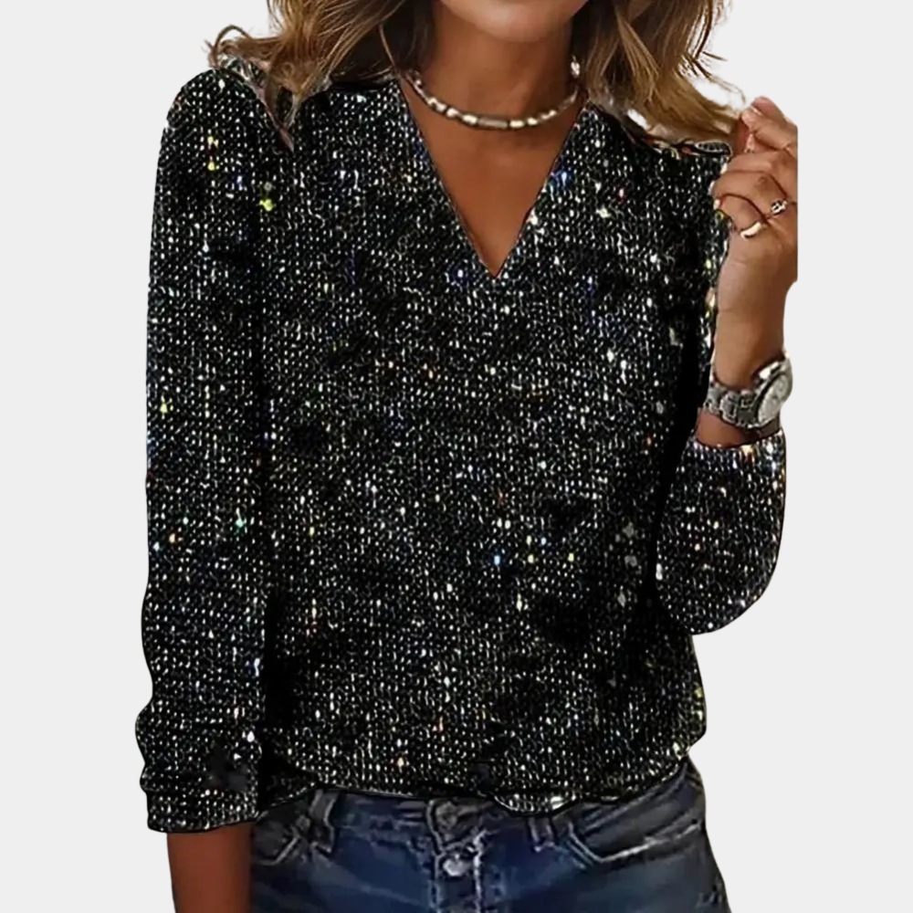 Women's dazzling sequin V-neck glitter top, perfect for glamorous partywear & evening events. Sparkle in fashion.